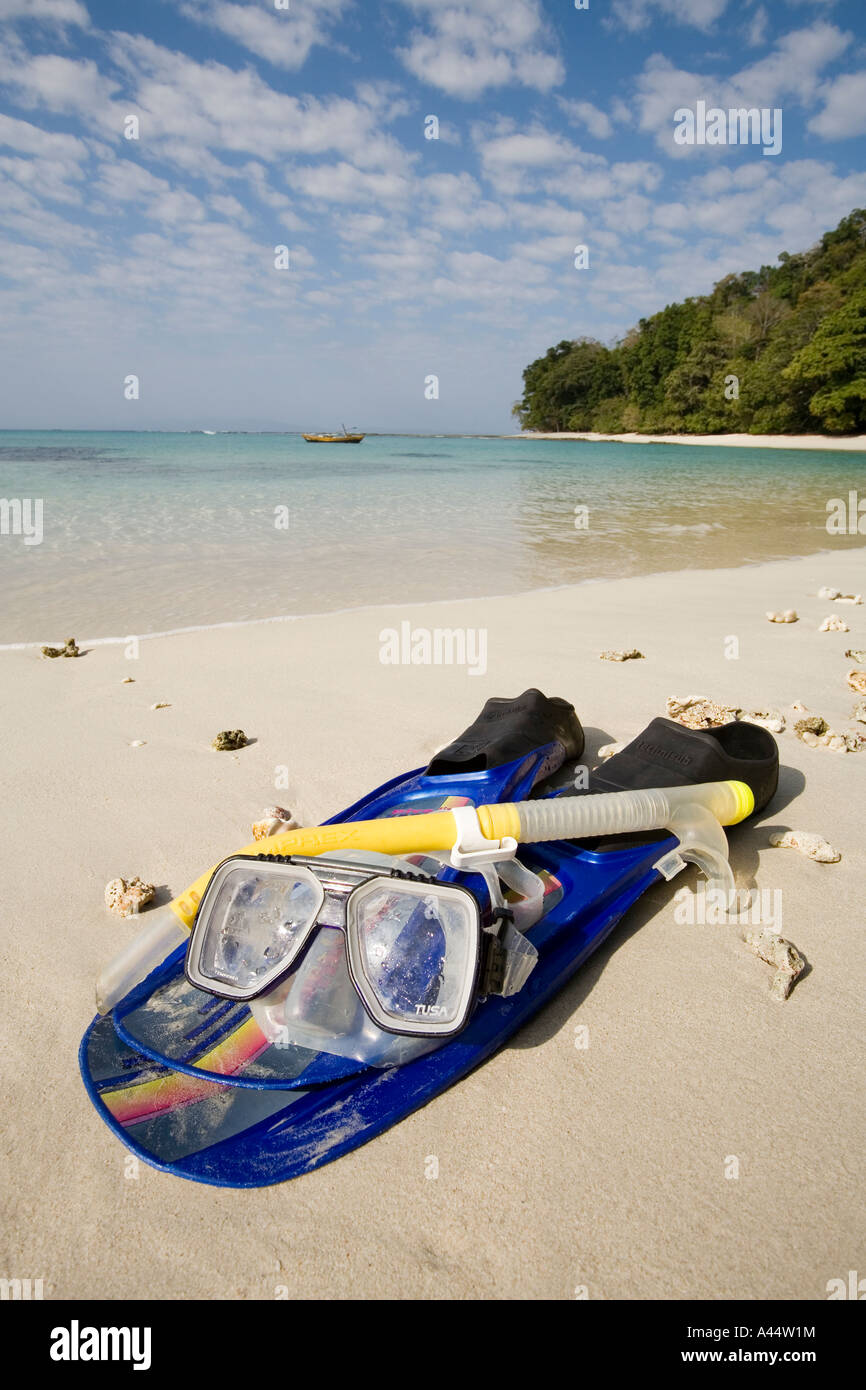 Andaman et Nicobar Inde Île Havelock Radha Nagar palmes et tuba sur Lagoon beach Banque D'Images