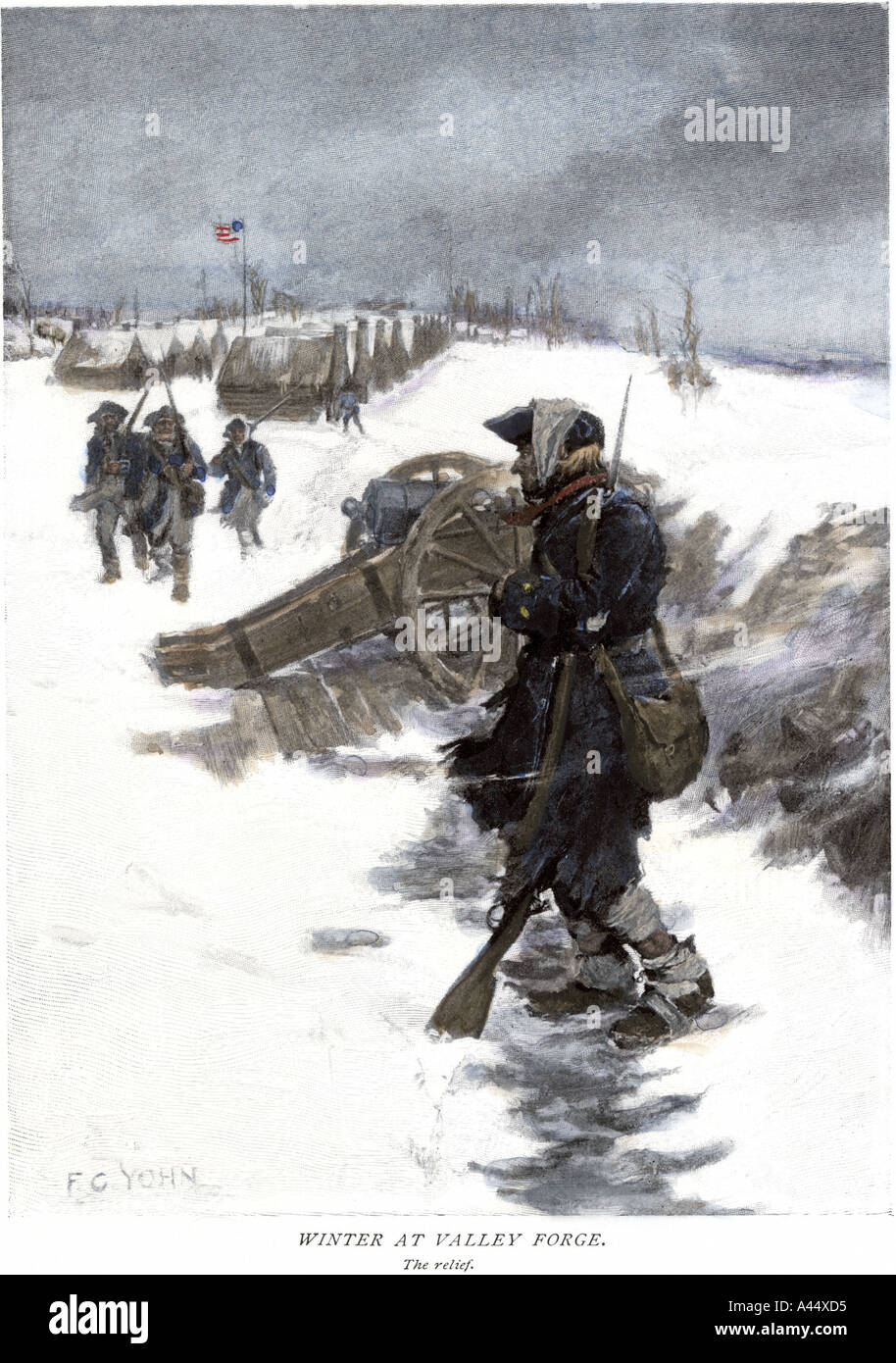 Soldat Valley Forge sur les piquets de devoir dans la neige en attendant son passage de secours de l'Indépendance américaine. À la main, gravure sur bois d'un C.F. Yohn illustration Banque D'Images
