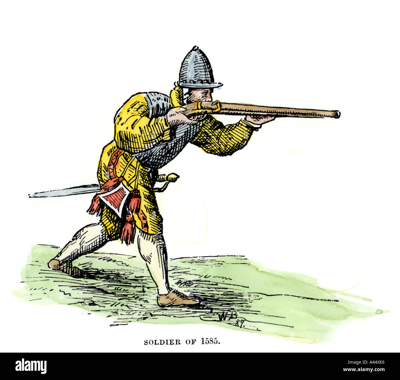 Soldat espagnol visant un nouveau monde dans l'arquebuse fin des années 1500. À la main, gravure sur bois Banque D'Images