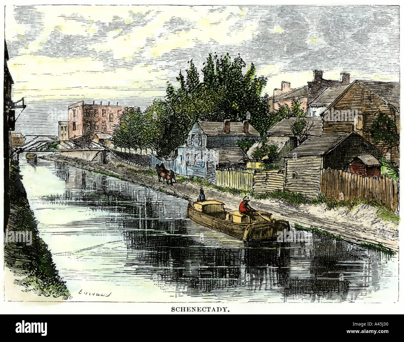 Erie Canal à Schenectady New York des années 1800. À la main, gravure sur bois Banque D'Images
