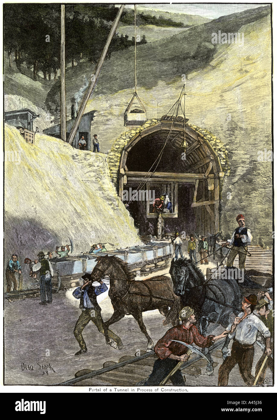 Portail d'un tunnel ferroviaire en construction années 1800. À la main, gravure sur bois Banque D'Images