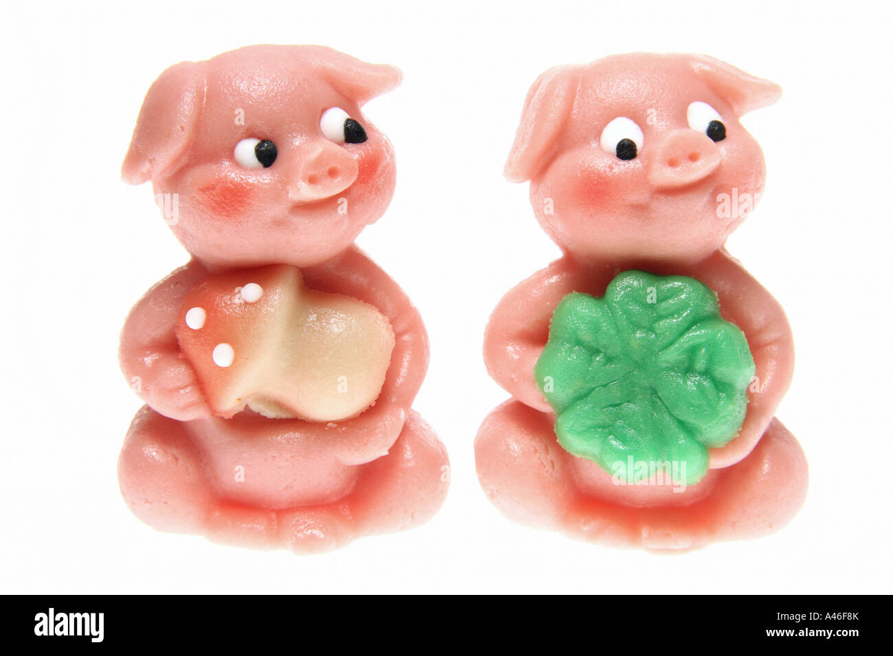 Deux cochons en massepain sur fond blanc Banque D'Images