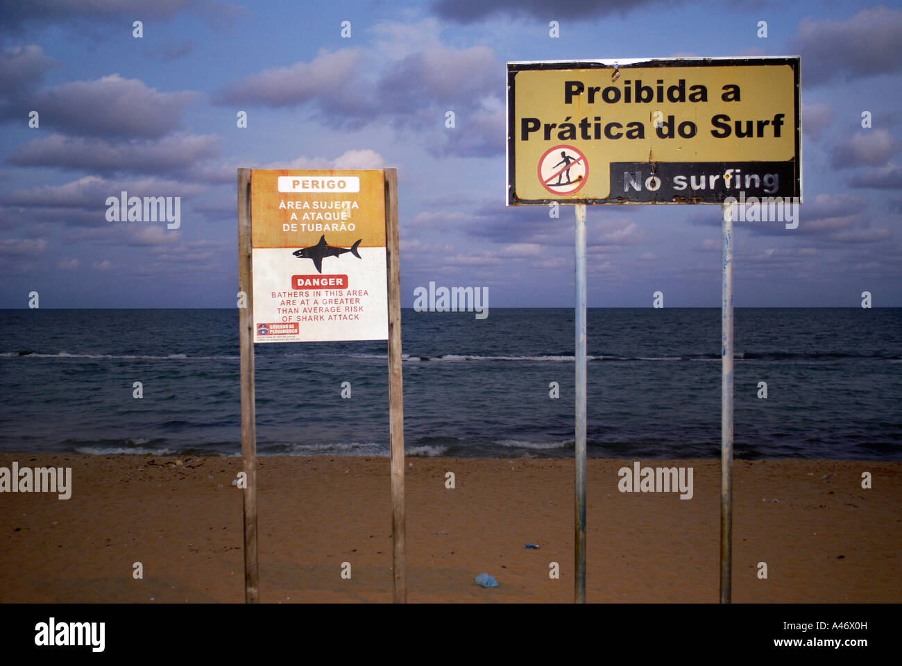 Les panneaux : "attention. Baigneurs dans ce domaine sont à un gerater à la moyenne risque d'attaque de requin' et 'non' Surf, Recife, Brésil Banque D'Images