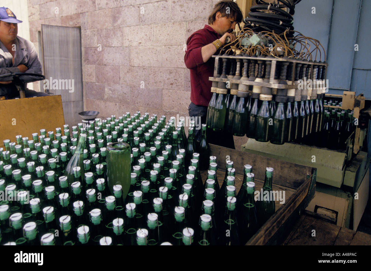 L'homme travaillant dans l'usine d'embouteillage de vin à Sudak Ukraine Crimée Banque D'Images