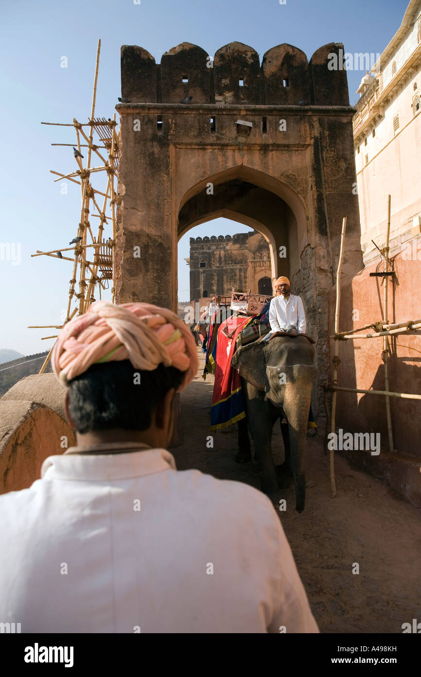 Inde Rajasthan Fort Amber touristes donnant les éléphants à des fort Banque D'Images