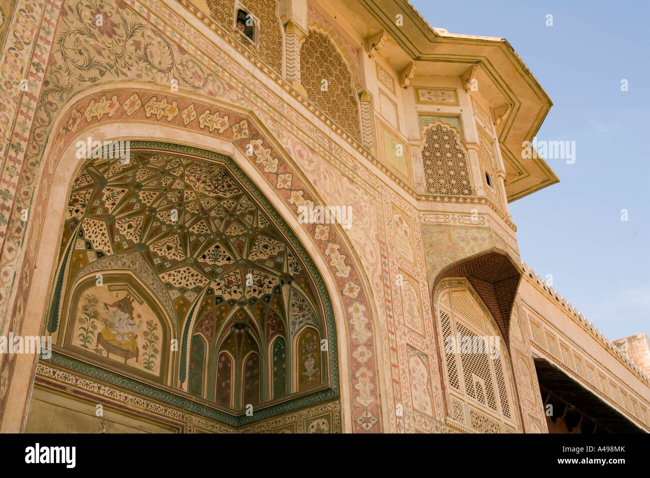 Inde Rajasthan Fort Amber Jai Mandir Hall de victoire et sculpté décoration en marqueterie Banque D'Images