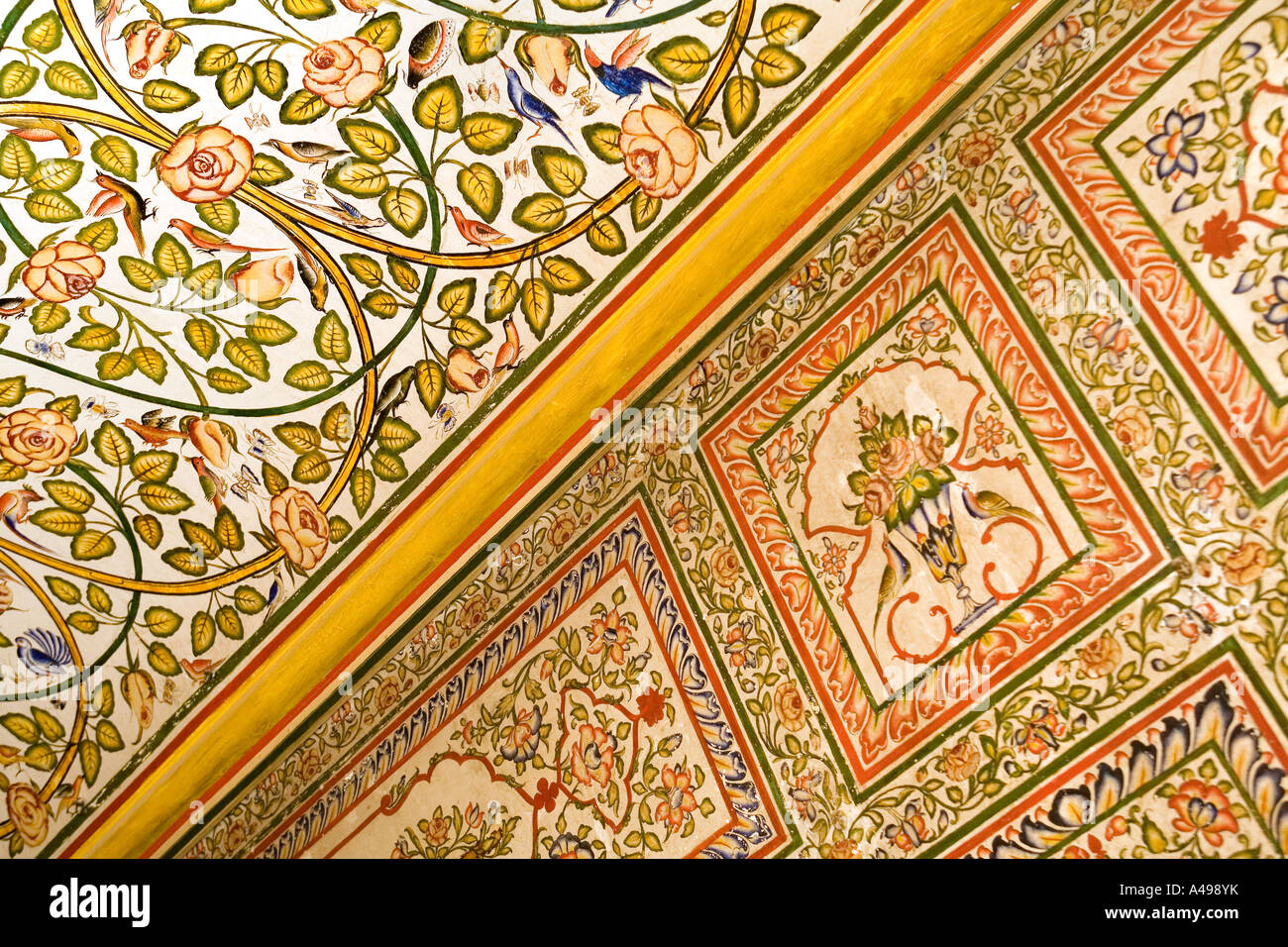 Inde Rajasthan Jaipur Samode Haveli décorées traditionnellement détail peinture salle à manger Banque D'Images