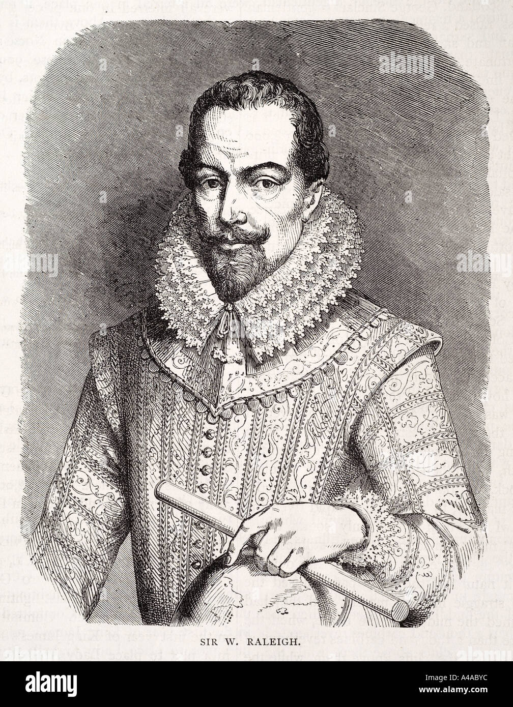 Portrait de sir Walter Raleigh moustache barbe costume découvrir explorer télescope Banque D'Images