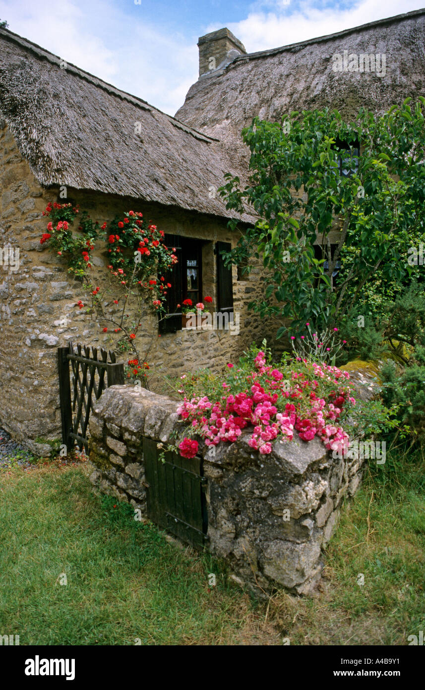 Fleurs et chaumière Kerhinet Bretagne France Banque D'Images