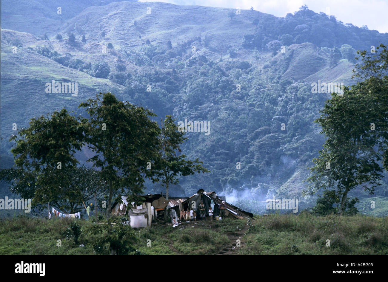 Quake en Colombie 1999 - abri temporaire construit par une famille qui ont perdu leur maison dans la région de Quebrada Negra Banque D'Images