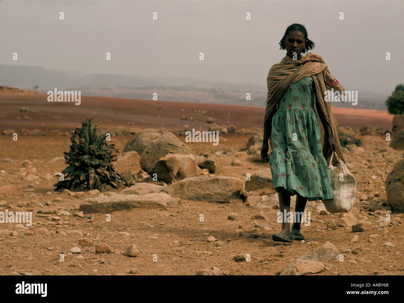 Sac Femme érythréenne, marcher dans un environnement sec et aride, EN TERRE, Rocky, Paysage, 1991 Banque D'Images