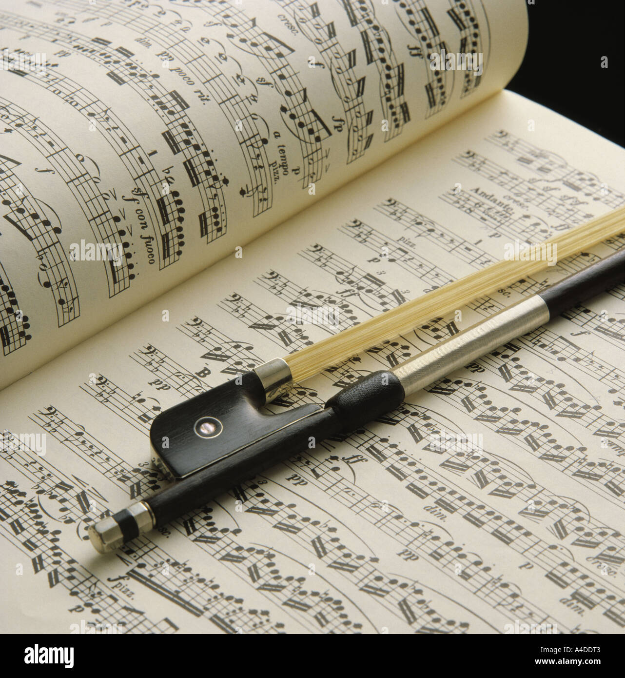 Close-up of violin bow on sheet music Banque D'Images