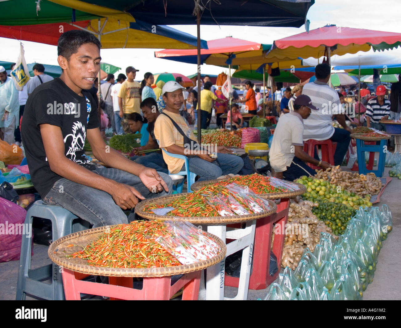 Malaisie Bornéo Sabah Kota Kinabalu Marché philippin chili stall Banque D'Images