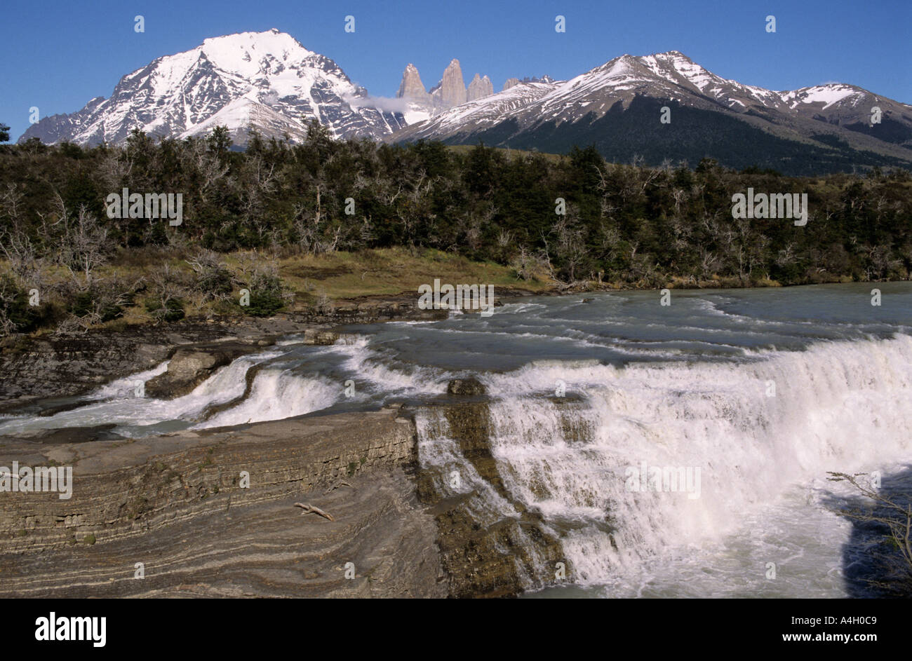 Parc National Torres del Paine, Patagonie - Chili. Cascades sur Rio Paine Paine, Torres del Paine, dans l'arrière-plan Banque D'Images