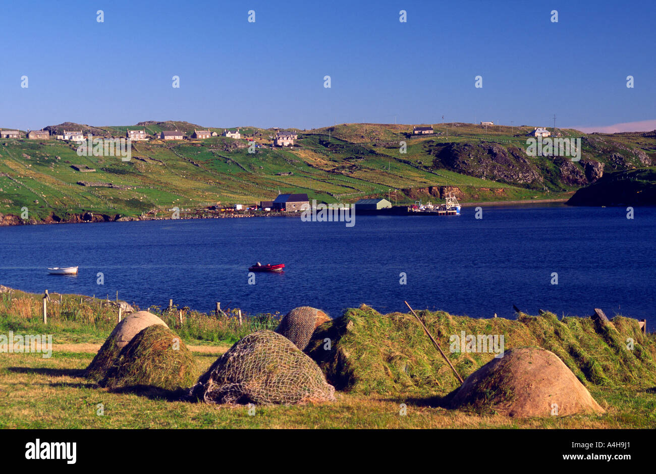 Loch Loch ou Carlabhagh Carloway, Isle Of Lewis, Western Isles, Ecosse, Royaume-Uni. Le séchage du foin au champ Banque D'Images