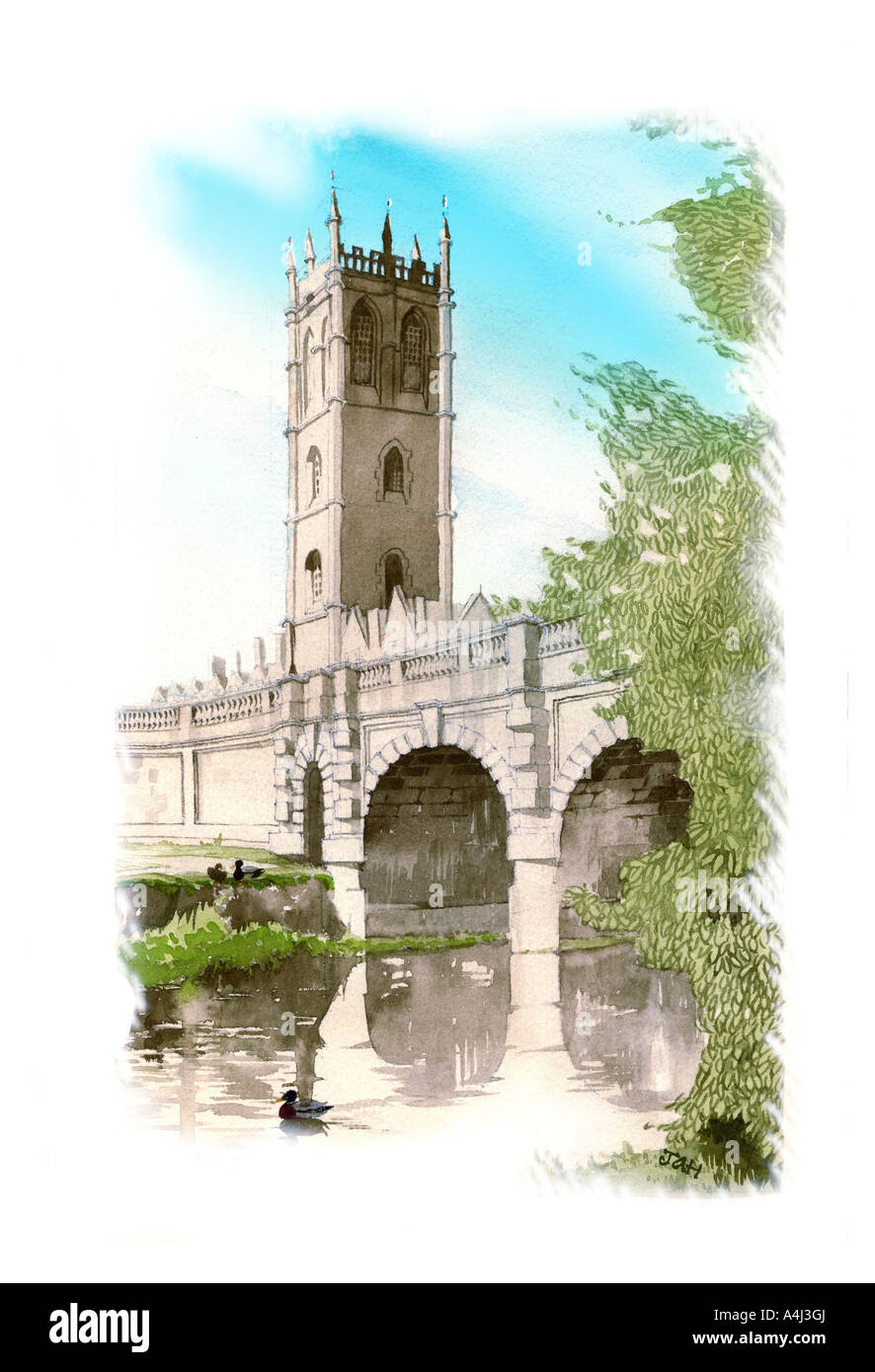 Couleur de l'eau peinture de Magdalen College et Tour du pont de la Madeleine avec vue sur la rivière Cherwell, Oxfordshire, Angleterre, Europe Banque D'Images