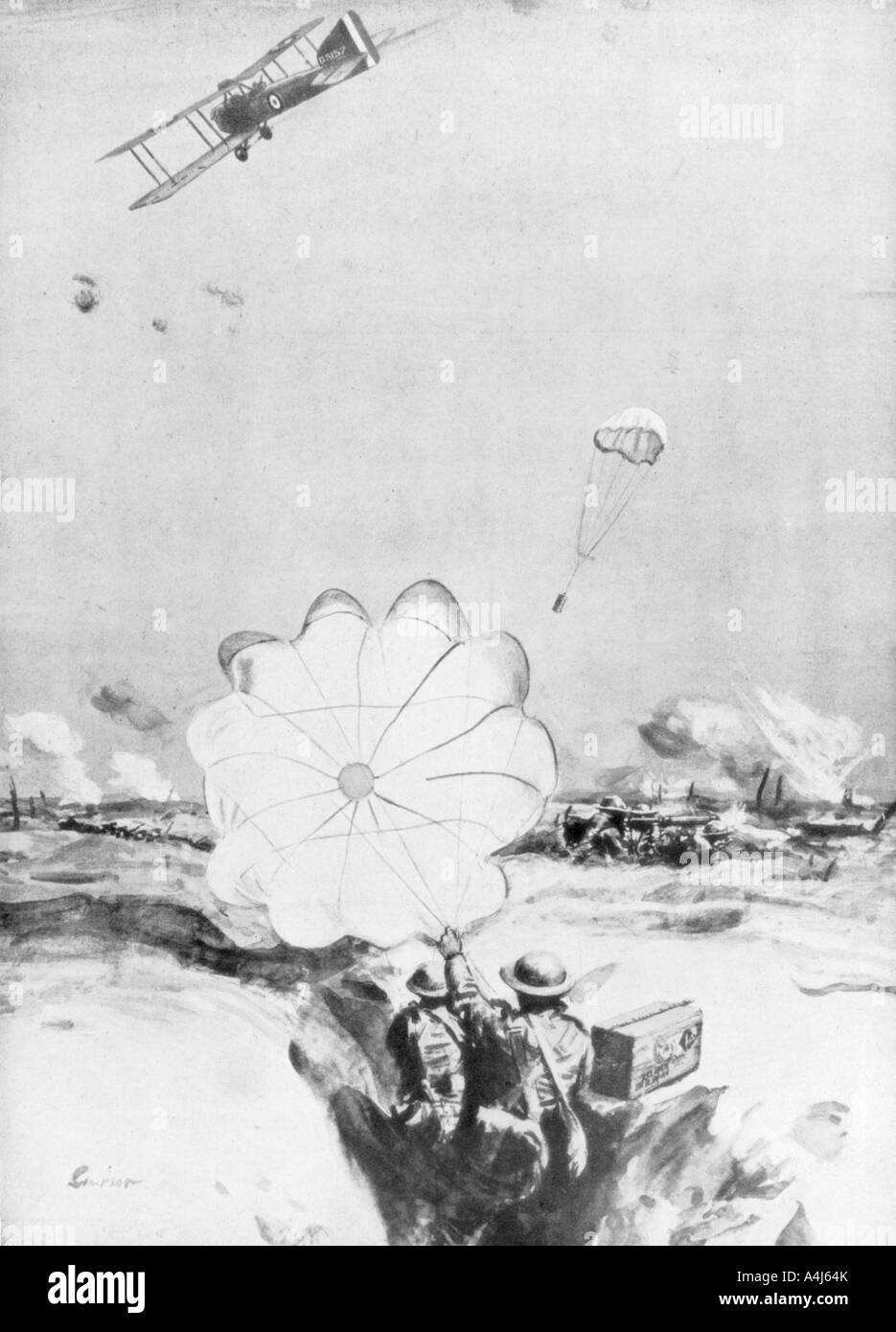 La fourniture d'avions de munitions à la ligne de front britannique, la Première Guerre mondiale, 1914-1918 (1926). Artiste : Joseph Simpson Banque D'Images