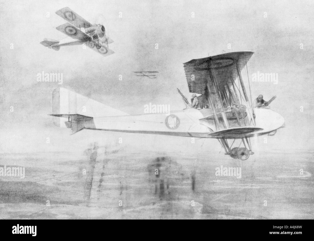 Trois assis-avion sur une mission photographique, protégé par un avion de chasse Spad, 1918 (1926).Artiste : Etienne Cournault Banque D'Images