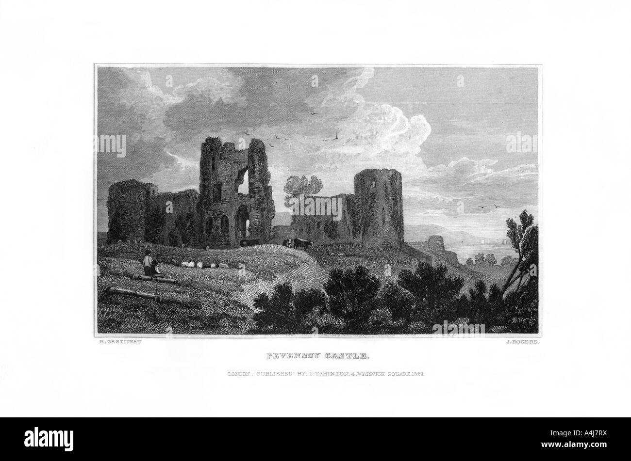 Le château de Pevensey, Pevensey, East Sussex, 1829.Artiste : J Rogers Banque D'Images