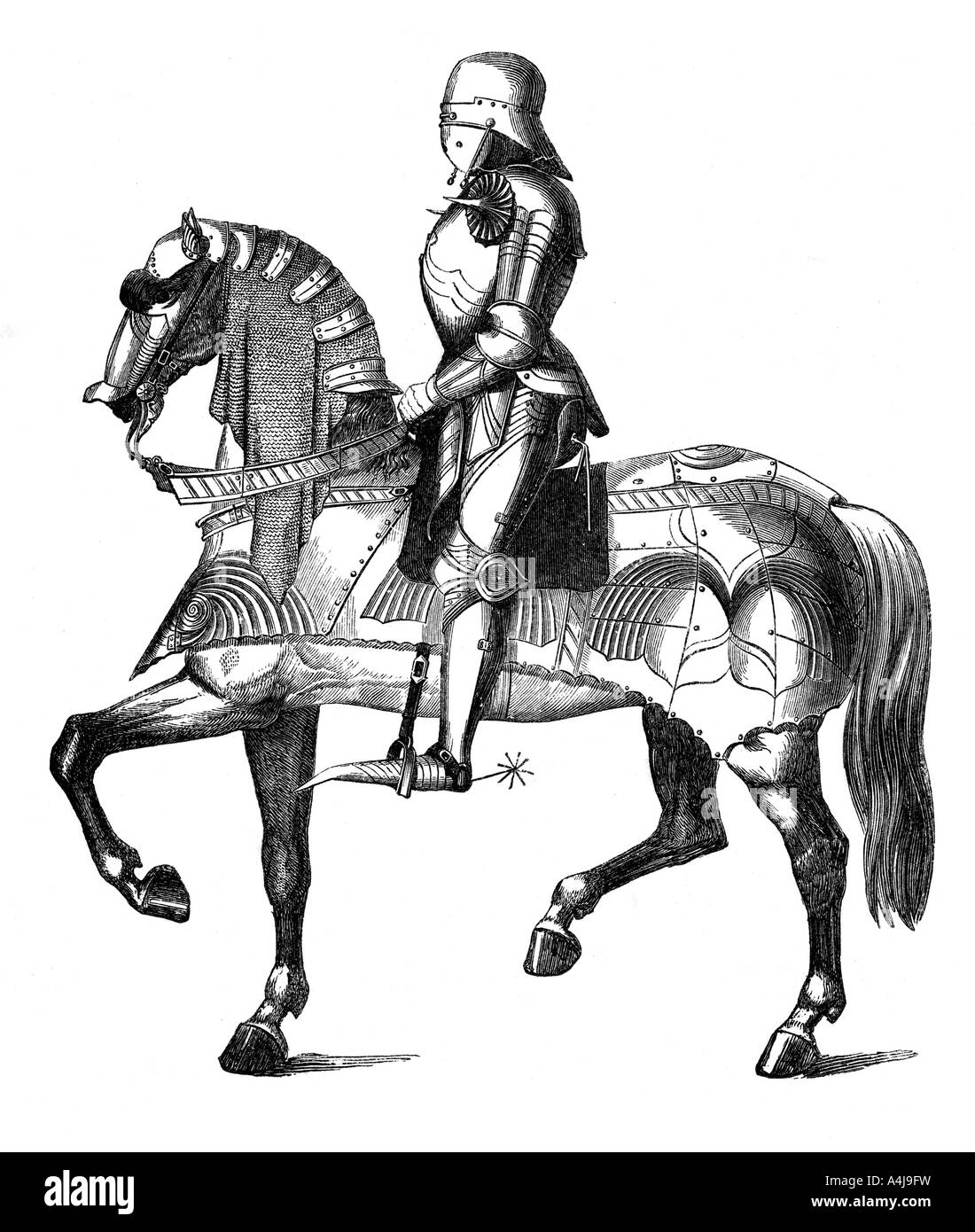 Un chevalier médiéval et armés pour la guerre, à cheval (1870). Artiste : Inconnu Banque D'Images