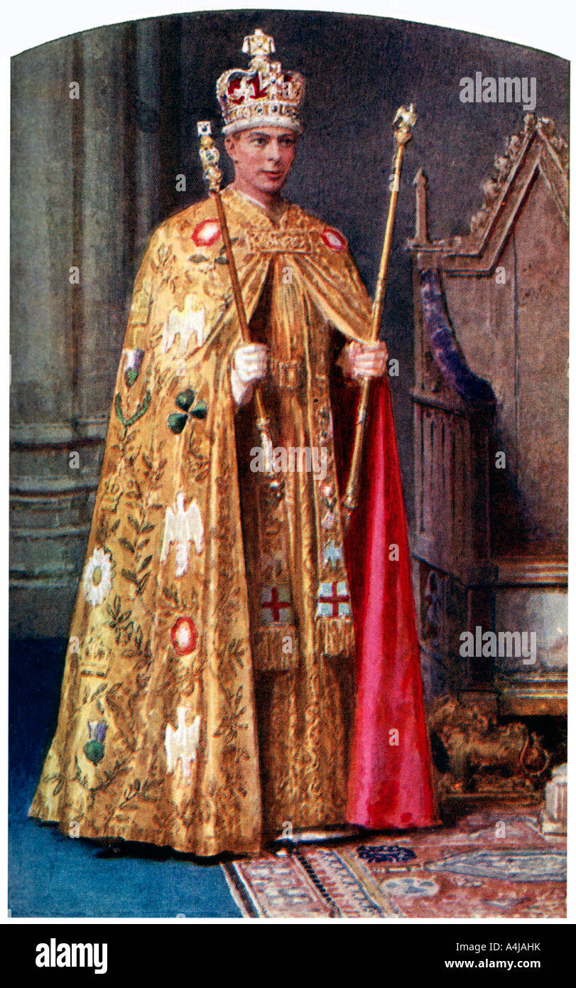 George VI à coronation robes : Le manteau impérial doré, avec St Edward's crown, 1937.Artiste : Fortunino Matania Banque D'Images