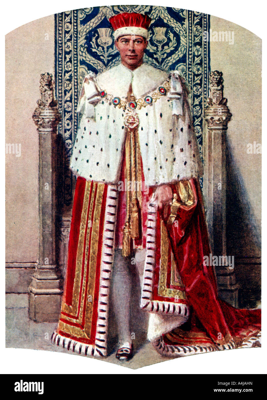 George VI à coronation robes : la robe pourpre d'État, avec le Cap de l'entretien, 1937.Artiste : Fortunino Matania Banque D'Images