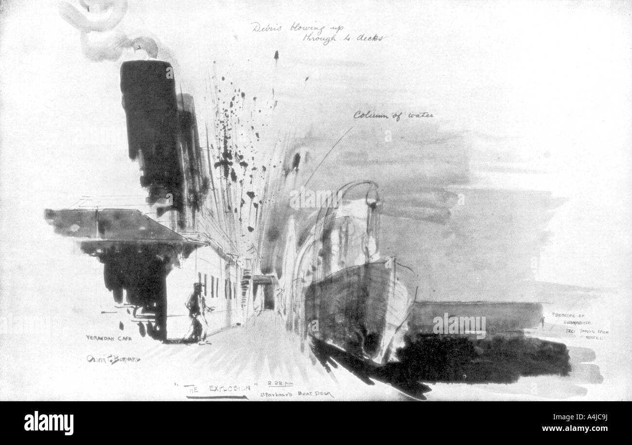 L'instant d'une torpille de sous-marin allemand U-20 frapper le RMS Lusitania, le 7 mai 1915, (1926). Artiste : Oliver Bernard Banque D'Images