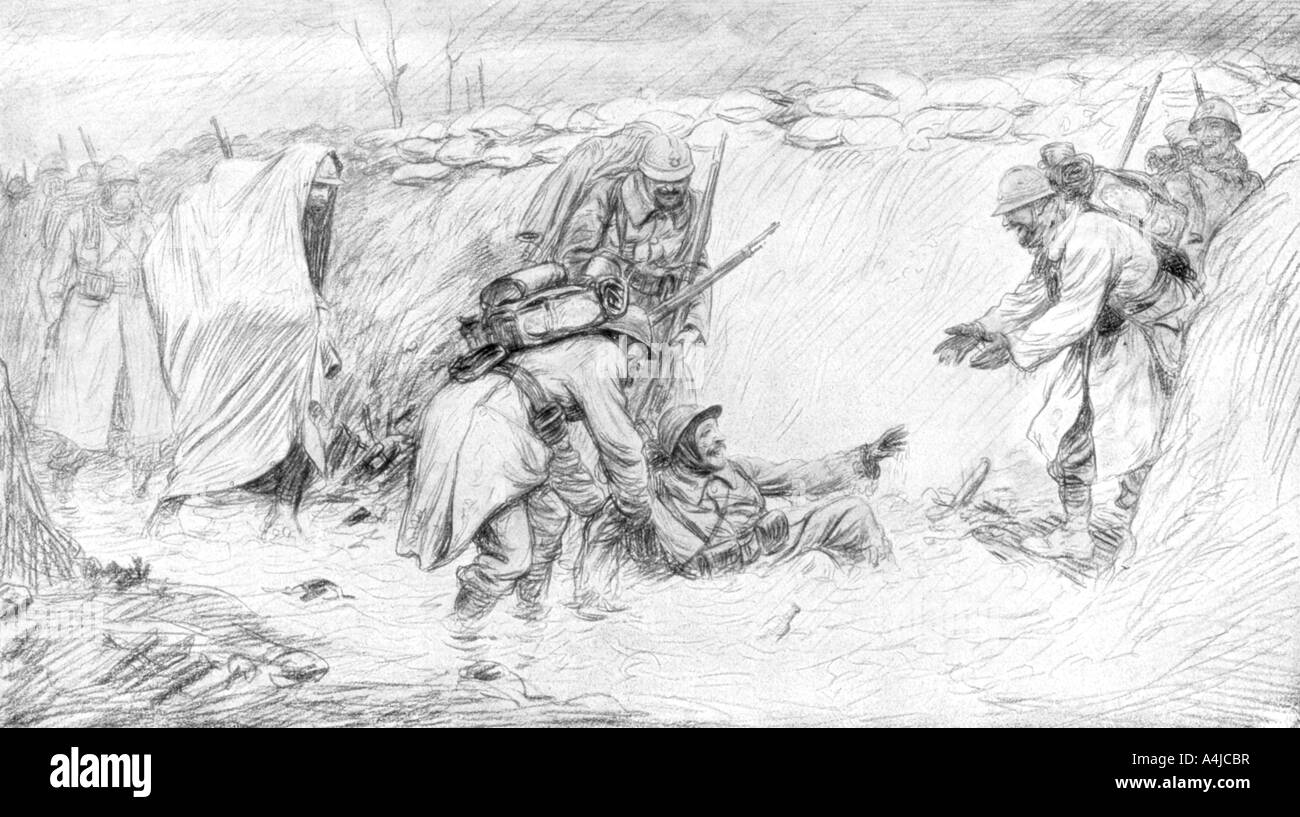 Soldats français de voir le côté drôle de tomber dans la boue, la Première Guerre mondiale, 1916, (1926). Artiste : Inconnu Banque D'Images