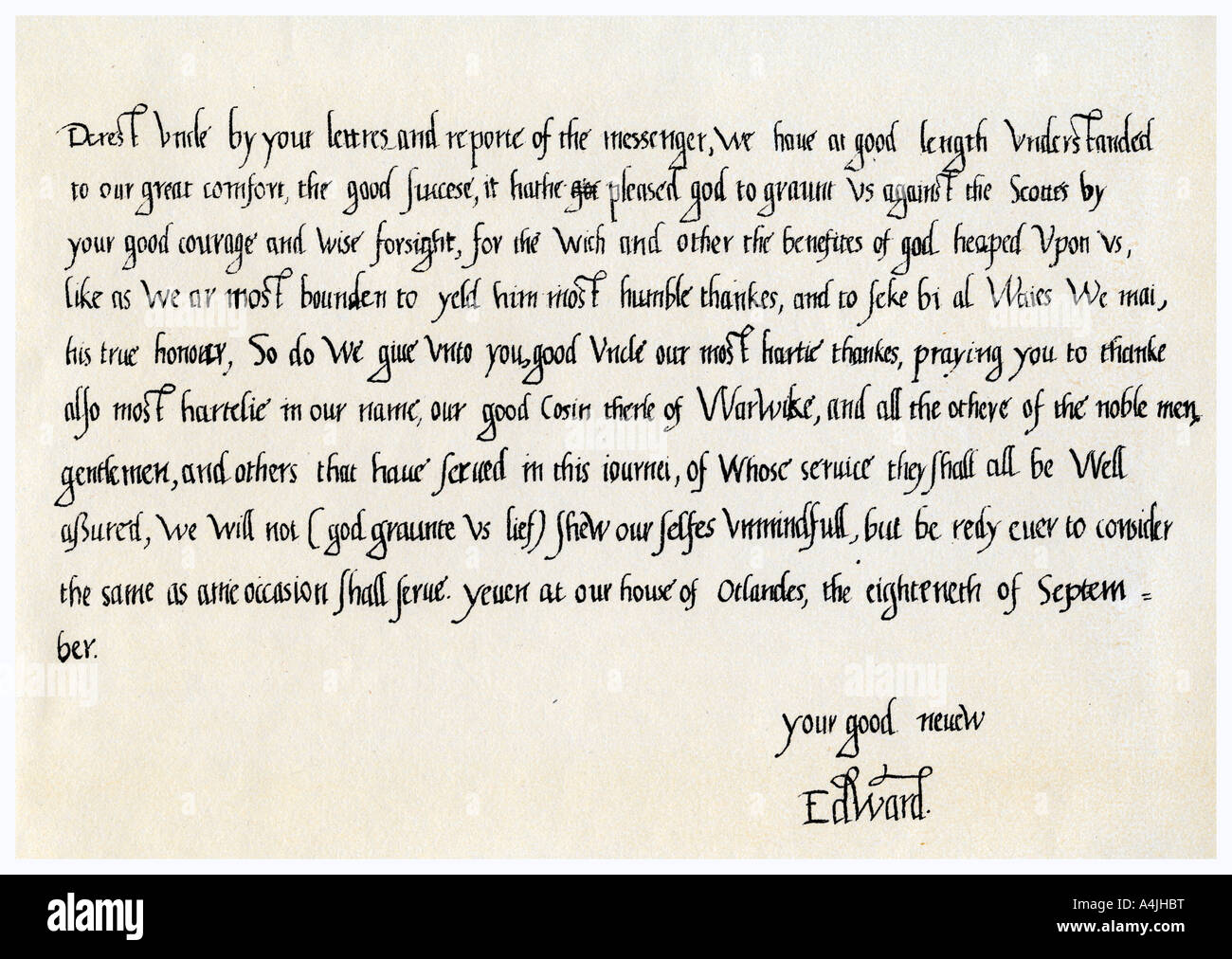 Lettre d'Edward VI à son oncle, Edward Seymour, 18 septembre 1547.Artiste : Le roi Édouard VI Banque D'Images