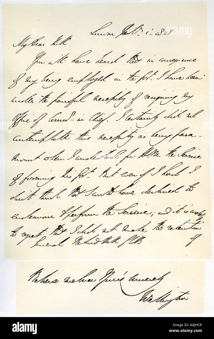 Lettre du duc de Wellington au général Rowland Hill, 1er février 1828.Artiste : Duc de Wellington Banque D'Images