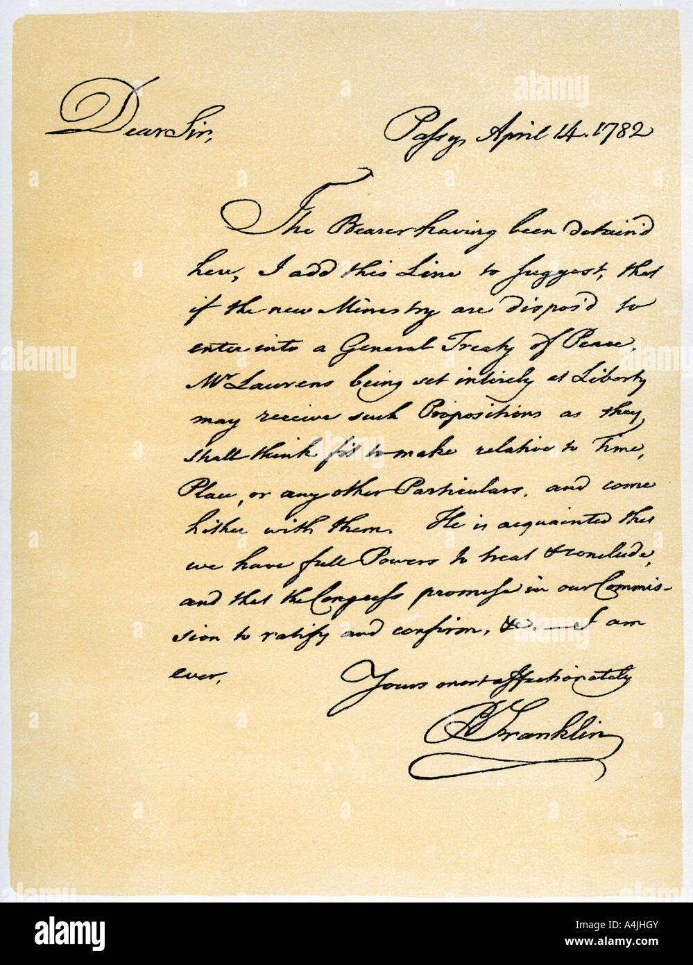 Lettre de Benjamin Franklin à David Hartley MP, 14 avril 1782.Artiste : Benjamin Franklin Banque D'Images