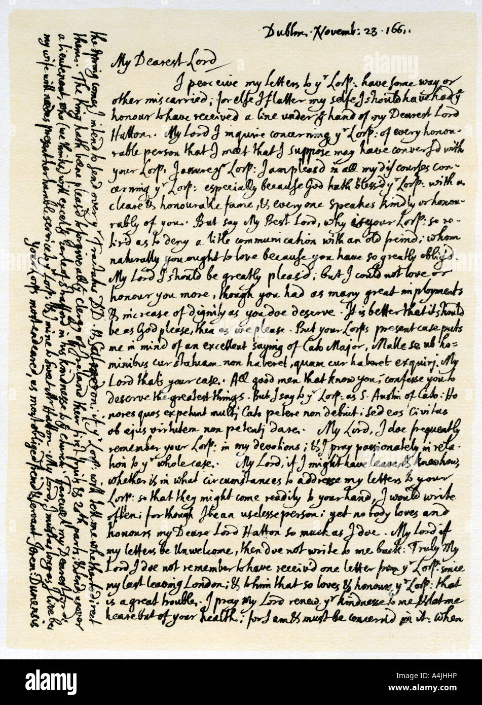Lettre de Jeremy Taylor à Lord Hatton, 23 novembre 1661.Artiste : Jeremy Taylor Banque D'Images