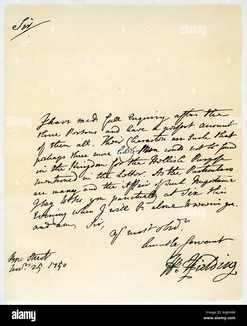 Lettre de Henry Fielding à Hutton Perkins, 25 novembre 1750.Artiste : Henry Fielding Banque D'Images