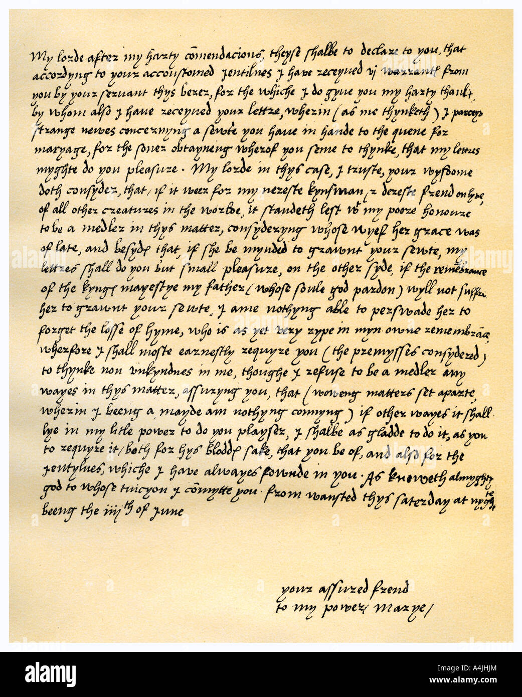 Lettre de la reine Marie I Seigneur de Seymour, 4 juin 1547 Sudeley.Artist : Queen Mary J Banque D'Images