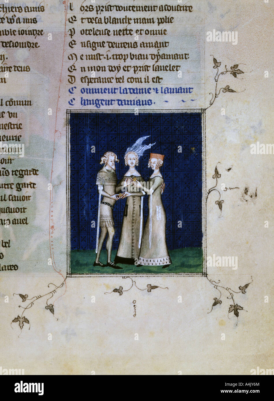 Un chevalier et une dame l'échange d'anneaux, c1350. Artiste : Inconnu Banque D'Images