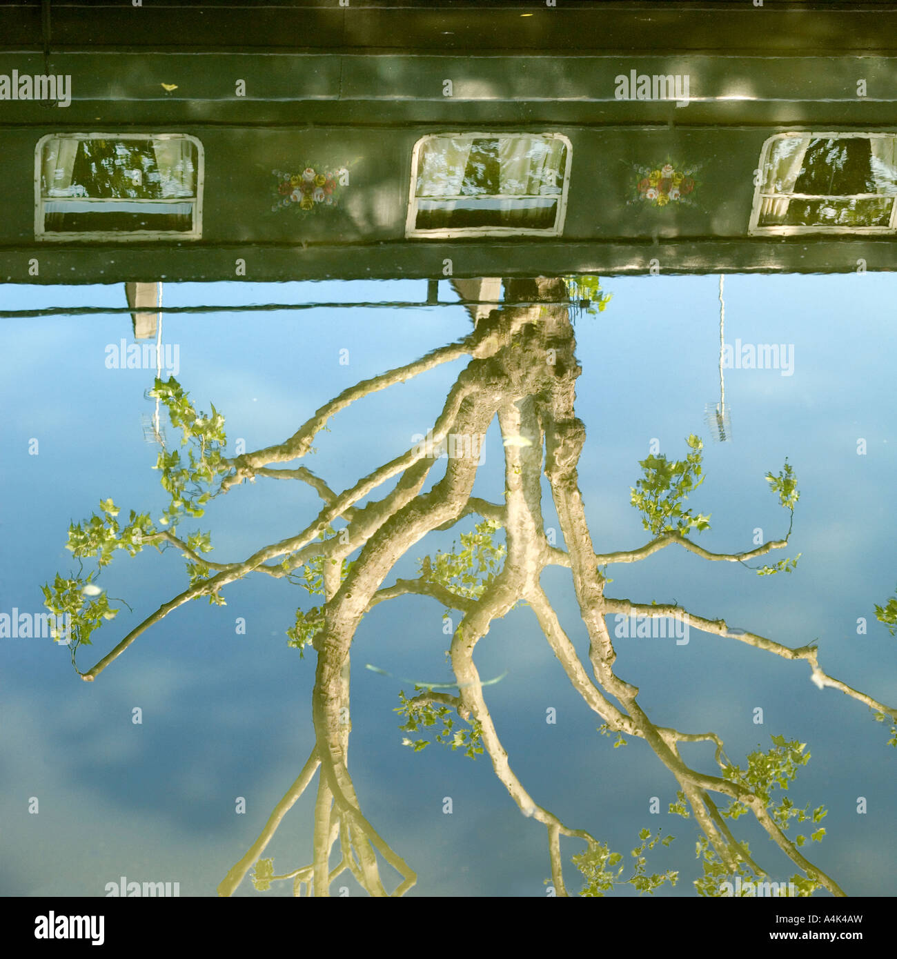 Little Venice river boat surreal réflexions sur le canal avec la diffusion des branches d'arbre Banque D'Images
