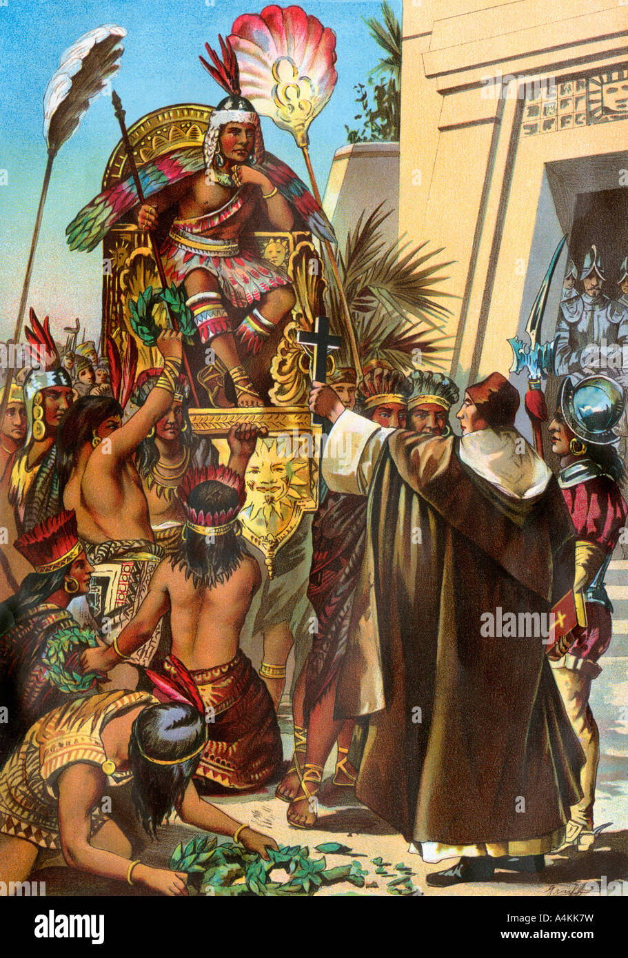 Le Père Missionnaire Valverde aborde le roi Inca Atahualpa durant la conquête espagnole du Pérou 1532. Lithographie couleur Banque D'Images
