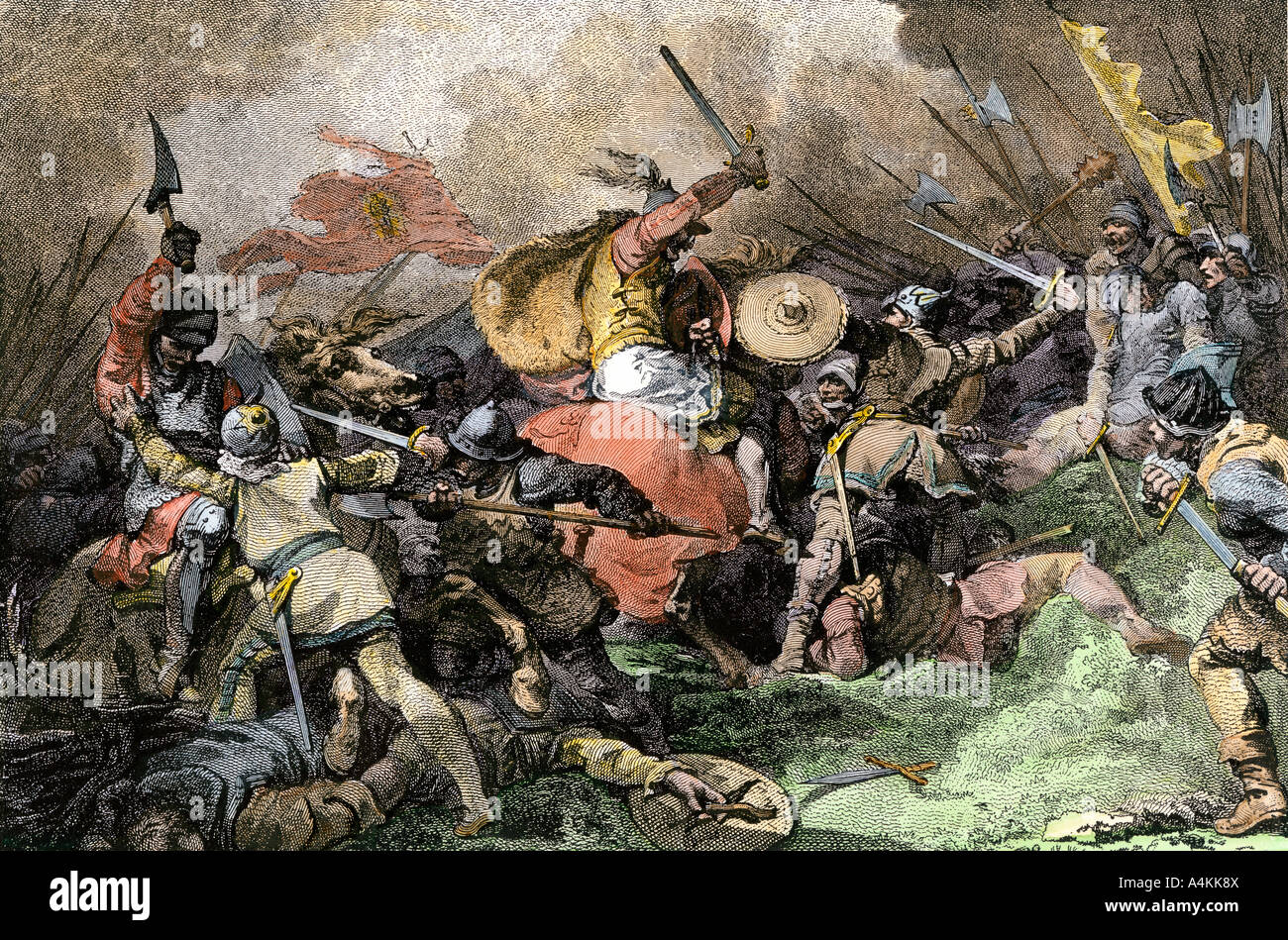Les Saxons Vaincus par Guillaume le Conquérant à la bataille de Hastings 1066. La gravure à la main, Banque D'Images