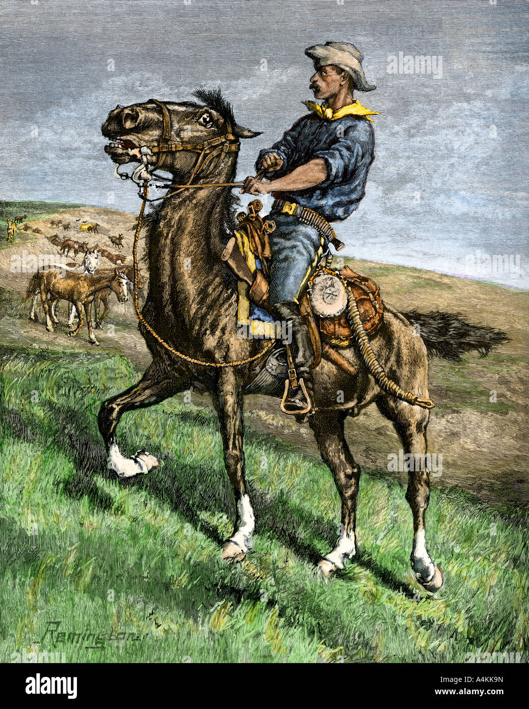 Buffalo Soldier afro-américain un cheval frais du troupeau de 1880. À la main, gravure sur bois, d'une illustration Frederic Remington Banque D'Images