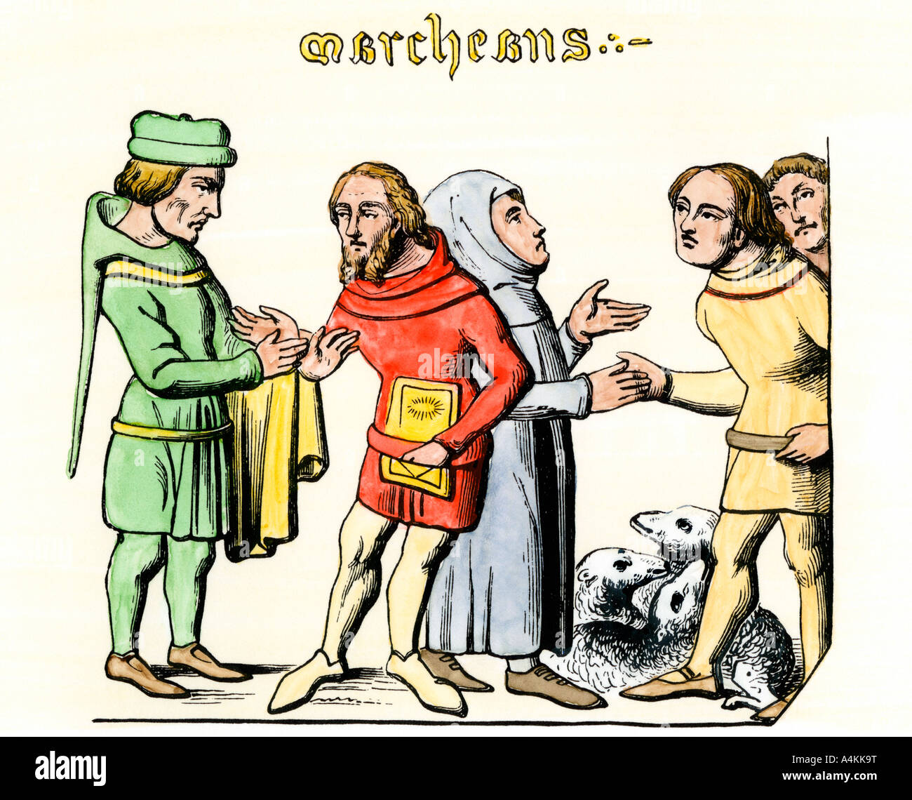 Le troc de biens marchands de moutons dans le Moyen Âge. À la main, gravure sur bois Banque D'Images