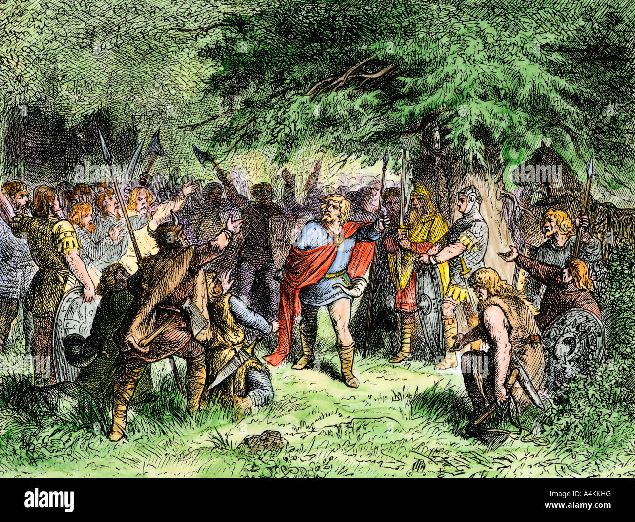 Wittekind appelle ses Saxons aux armes dans la Rhénanie contre Charlemagne 778 AD. À la main, gravure sur bois Banque D'Images