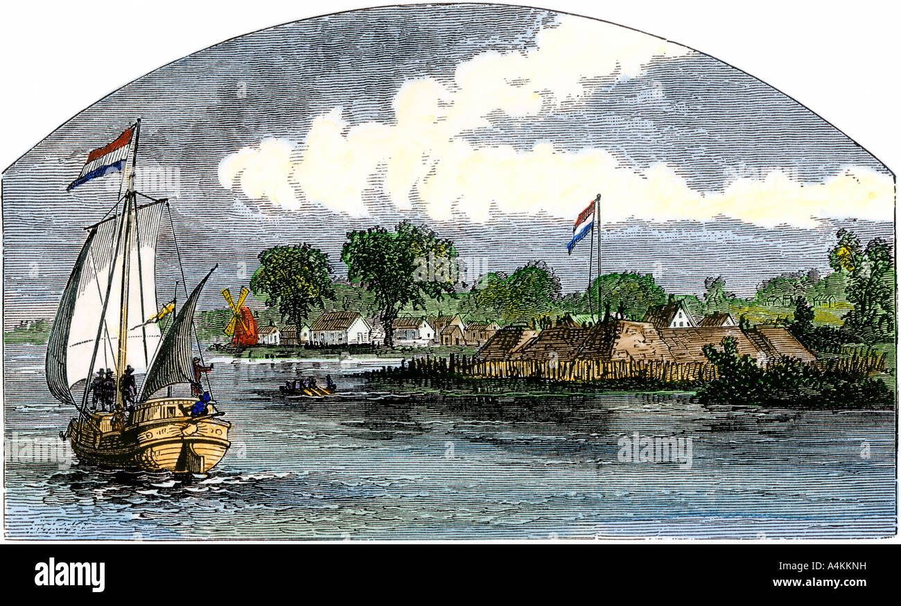 Navire néerlandais passant Fort Good Hope, Hartford, maintenant sur la rivière Connecticut, années 1600. À la main, gravure sur bois Banque D'Images