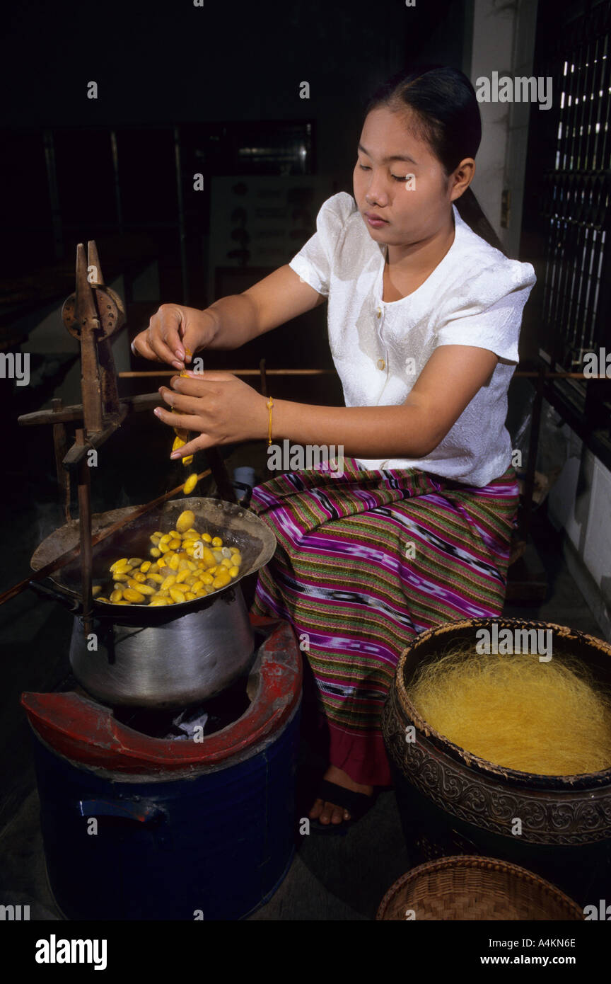 Femme thaïlandaise tourne la soie de silkworm cacoons en Thaïlande Banque D'Images