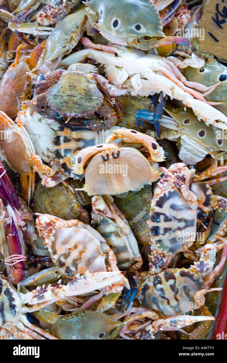 Crabes vivants à vendre sur le marché des poissons humides à Kuching, Sarawak, Malaisie Banque D'Images