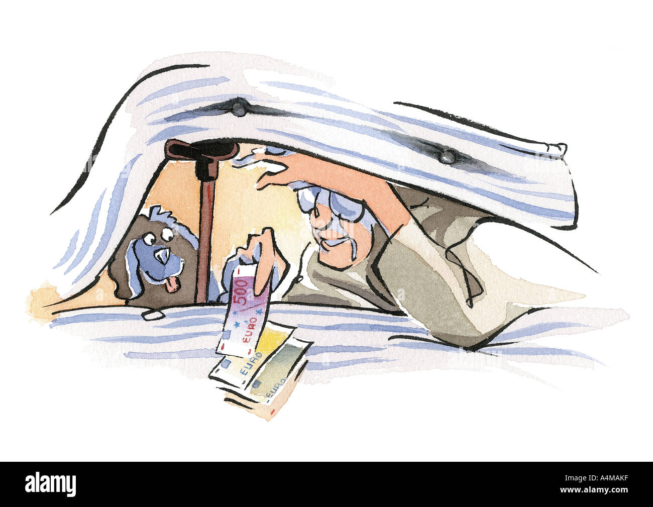 Personne de se cacher sous le matelas d'euros Banque D'Images