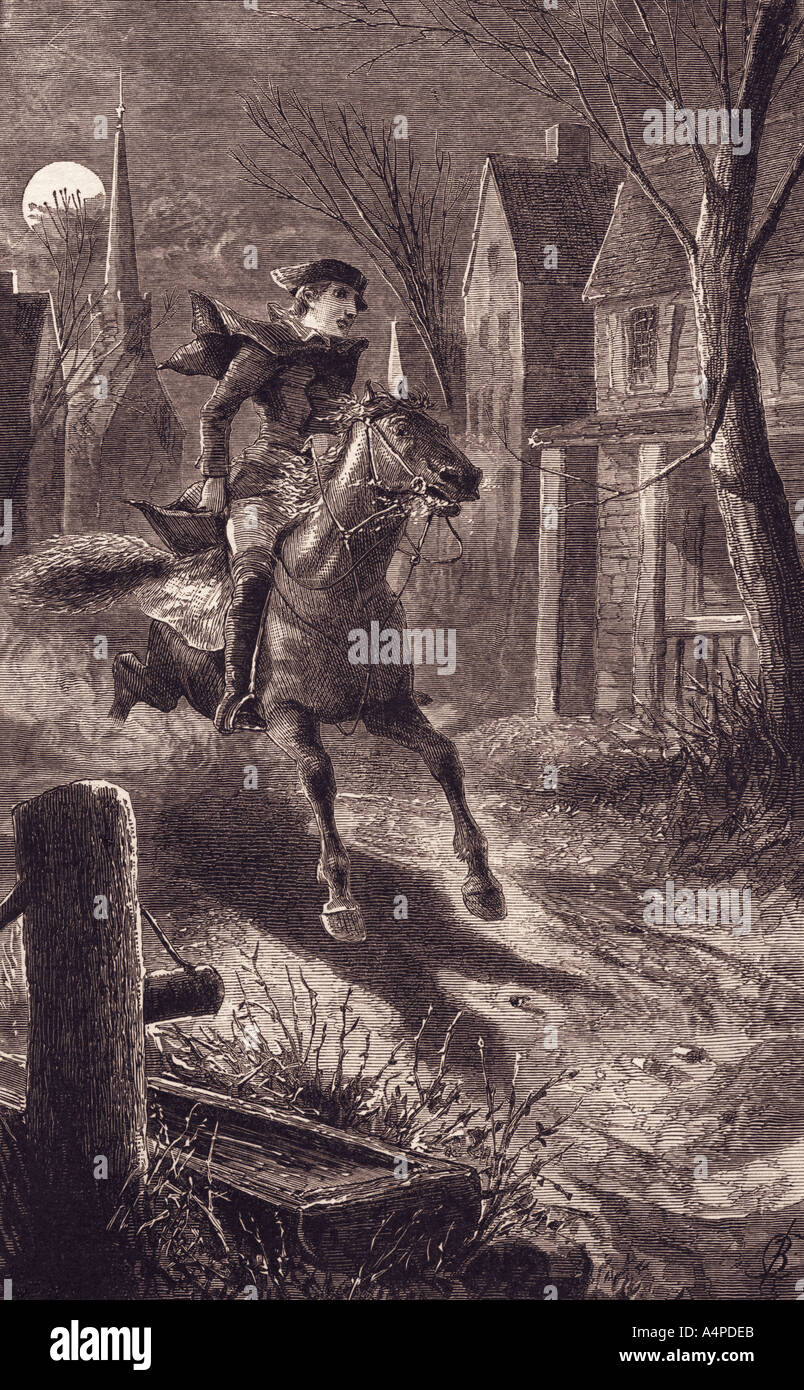 Paul Revere avertit américains coloniaux des troupes britanniques marchant vers Concord, Massachusetts, 1775. Banque D'Images