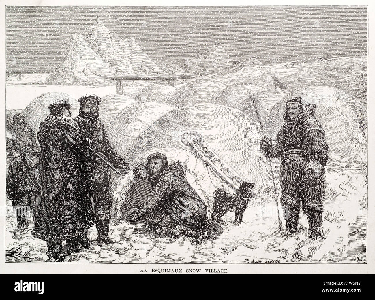 Native Canadian Inuit esquimau nomade nomade maison glace igloo dome chien husky tunnel d'entrée de l'Arctique polar explorer rencontrez greet Banque D'Images