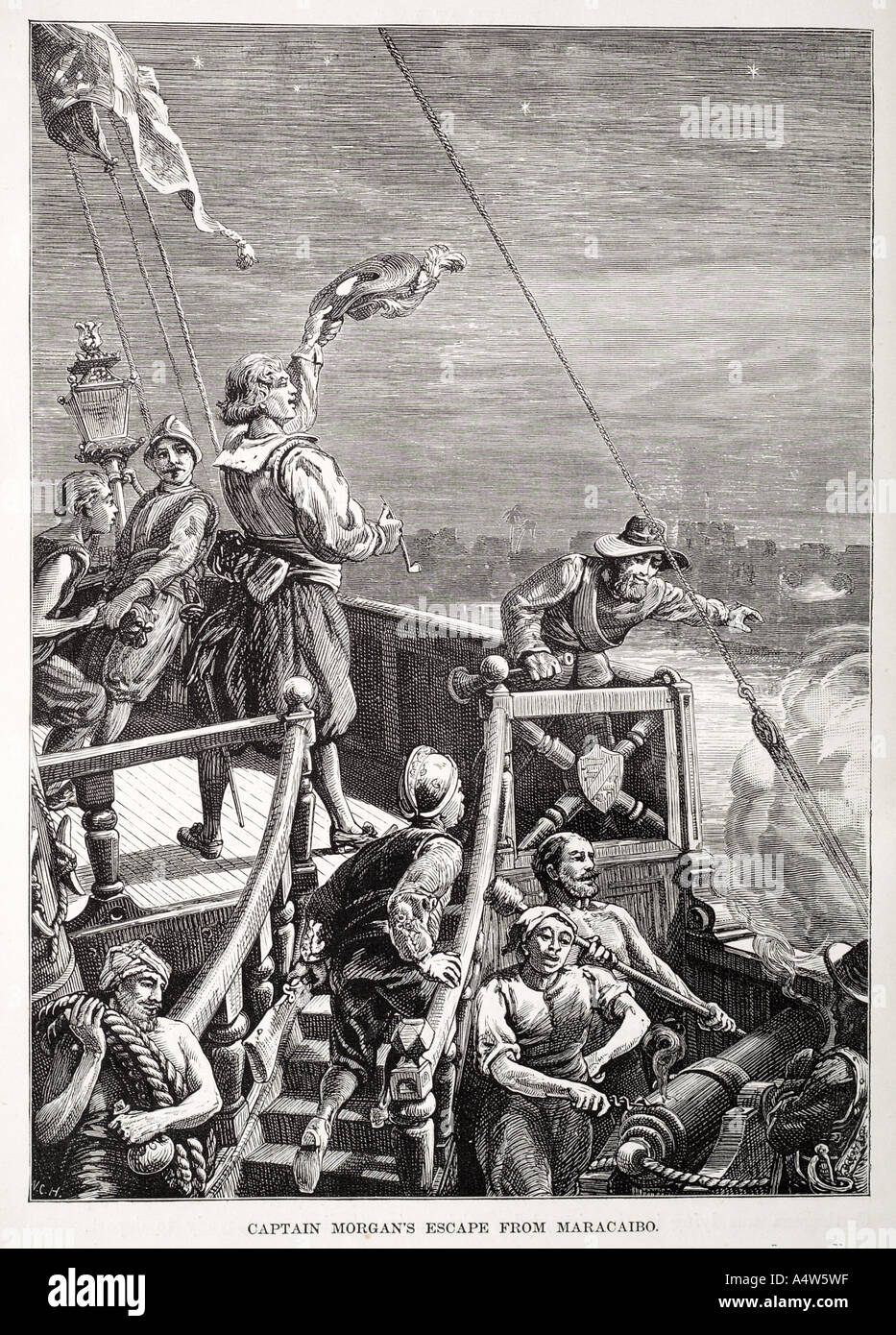 Henry Morgan 1635 1688 galles gallois attaque corsaire pirate maracaibo buccaneer loot rob voler brûler pillage voile nautique galleon Banque D'Images
