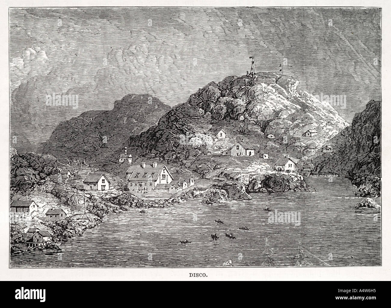 Groenland disco Bay Harbour settlement house canoë kayak arctique anchorage côte mer montagne colline maritime maritime nautique Eskim Banque D'Images