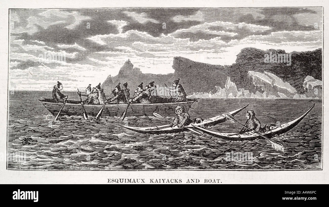Canoë kayak inuit Eskimo aviron pagaie natif marin vêtement Vêtements de fourrure oar vague coast marine nautique maritime Banque D'Images